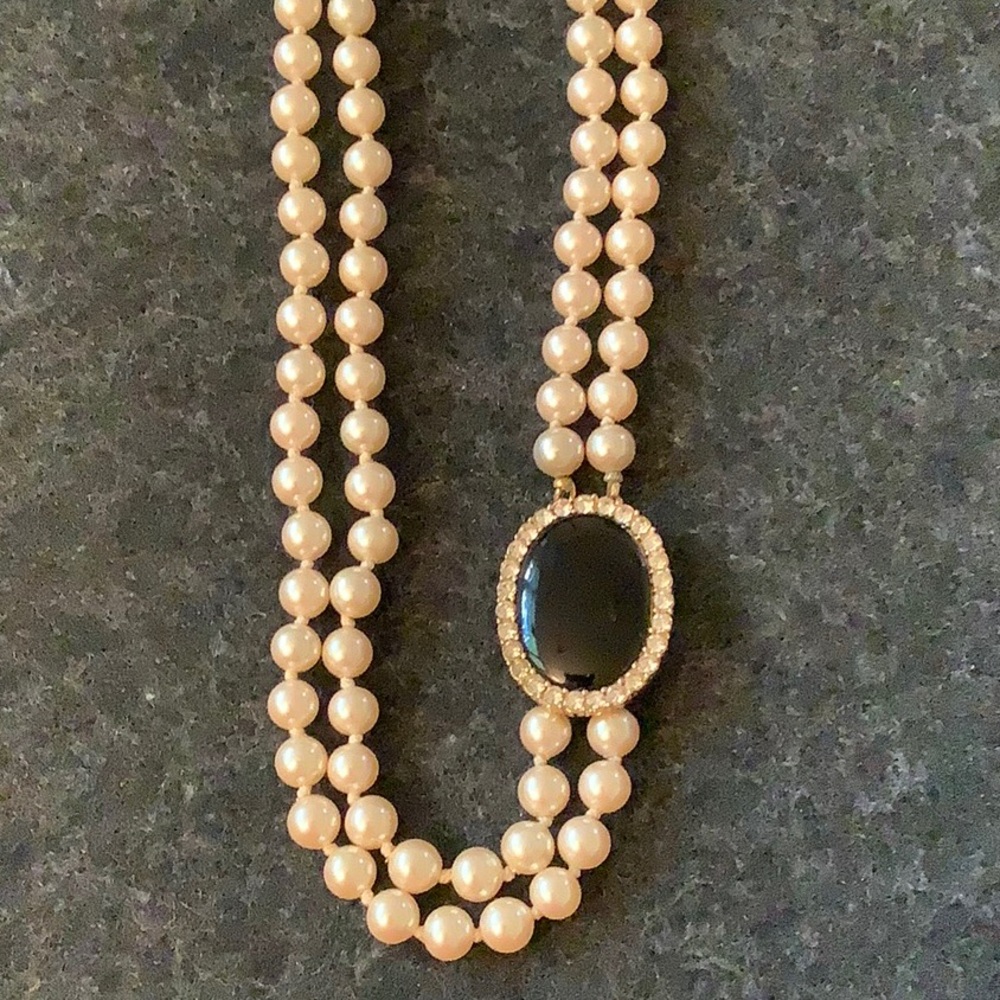 VINTAGE 2-Strand Faux Pearl Necklace with Black Oval & Rhinestone Clasp
